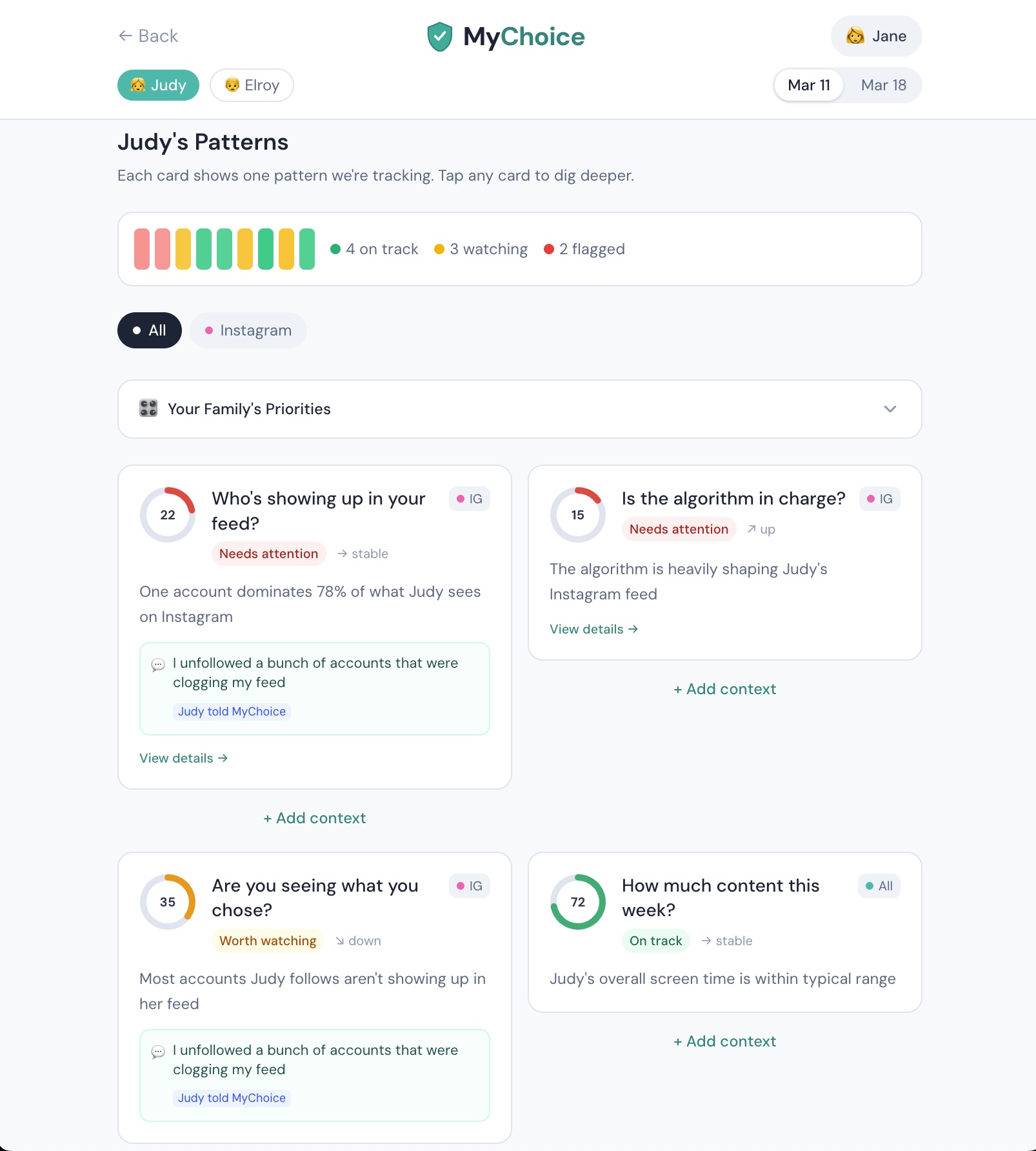 Signals View — Judy's Patterns, parent view