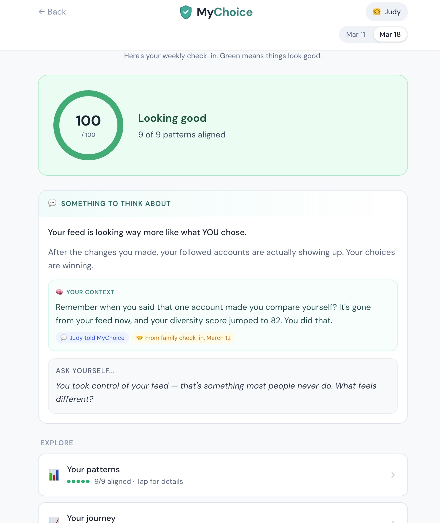 Judy's Check-In, Week 3 — Score 100, everything green